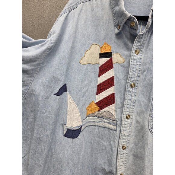Vintage LA Loving Shirt Womens Large Denim Nautical Lighthouse Sailboat 90s - Picture 2 of 11